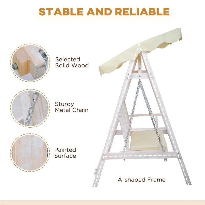 2-местные уличные качели для крыльца с деревянной подставкой, прочной А-образной рамой и регулируемым водоотталкивающим навесом